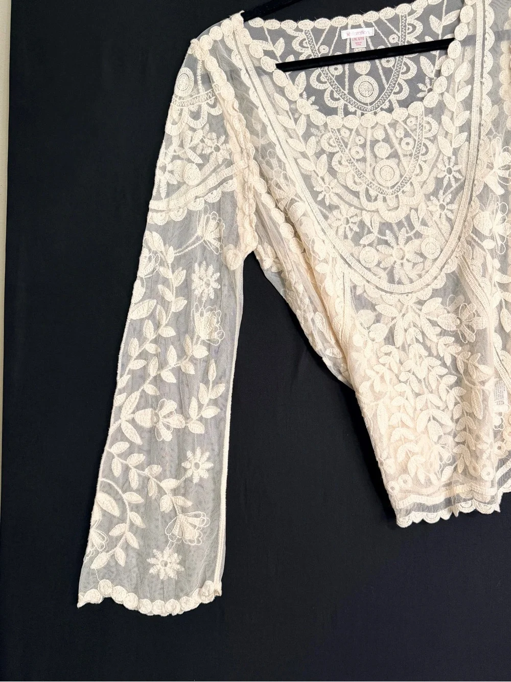 Cream Floral Lace Peasant Blouse long bell sleeve festival Hippie Woodstock - Picture 4 of 12